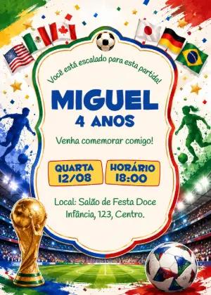 Convite de Aniversário Futebol Copa do Mundo Editável