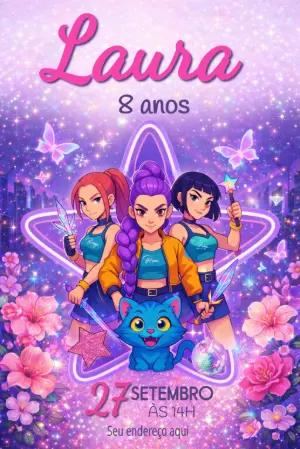 Convite de Aniversário Guerreiras K-pop Roxo e Glitter Editável