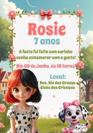 Convite Aniversário Dálmatas com Menina para Editar Online