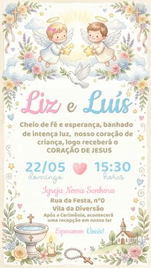 Convite Batizado Gêmeos Anjinhos Aquarela Editável