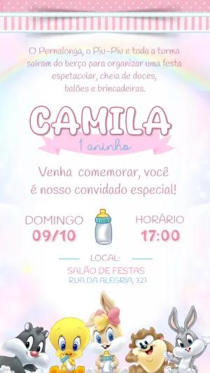 Convite de Aniversário Baby Looney Tunes Fofo Editável