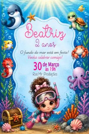 Convite de Aniversário Fundo do Mar Menina Mergulhadora Editável
