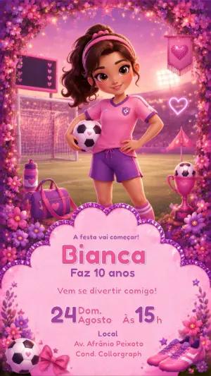 Convite de Aniversário Futebol Feminino Rosa Editável