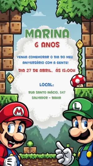 Convite de Aniversário Super Mario e Luigi para Editar Online