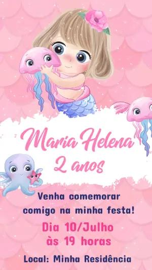 Convite de Aniversário Sereia Fofa Rosa Modelo Editável