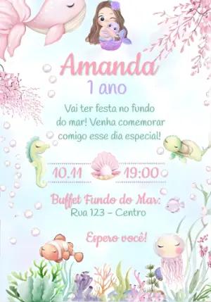 Convite de Aniversário Fundo do Mar Sereia Aquarela para Editar