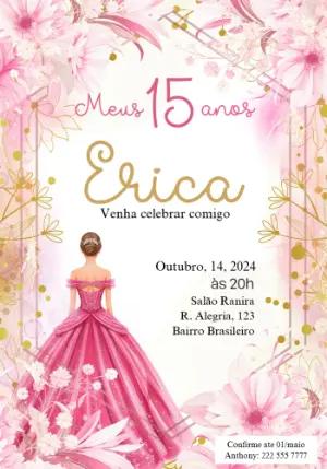 Convite de 15 Anos Princesa Floral Rosa e Dourado para Editar