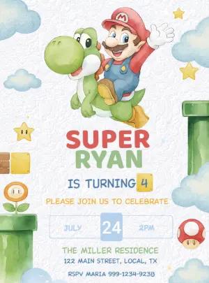 Super Mario & Yoshi Birthday Invitation Editable Template