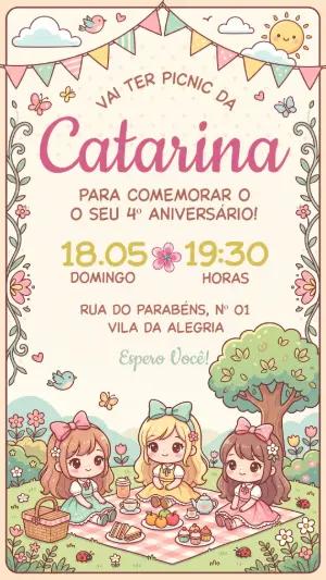 Convite de Aniversário Piquenique Menina Kawaii Editável