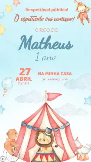 Convite Aniversário Circo com Animais em Aquarela para Editar