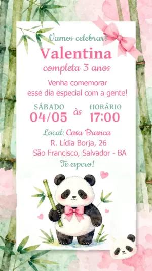 Convite de Aniversário Digital Panda Fofo Aquarela para Editar
