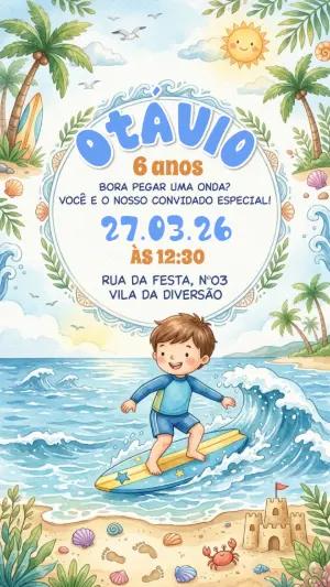 Convite de Aniversário Surf Menino Aquarela Editável