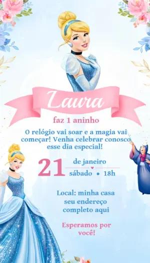 Convite de Aniversário Cinderela: Modelo Digital para Editar