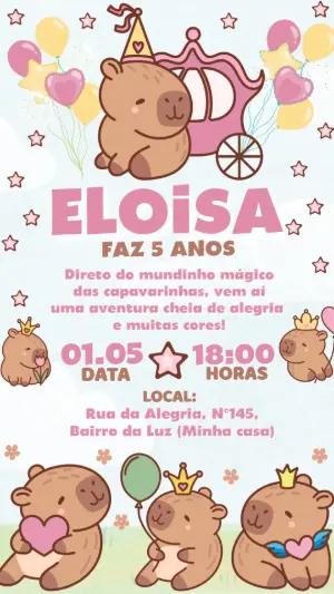 Convite de Aniversário Capivara Princesa Rosa Editável
