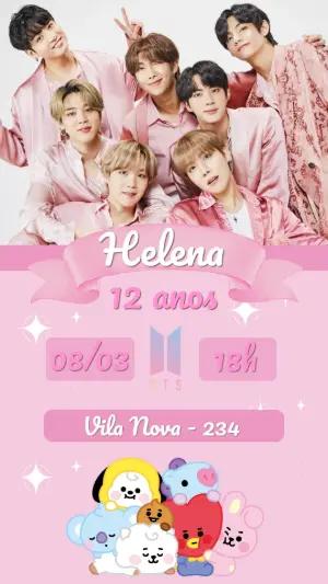 Convite de Aniversário BTS Rosa K-pop para Editar e Enviar