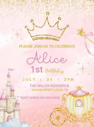 Princess 1st Birthday Invitation | Pink & Gold Editable Template