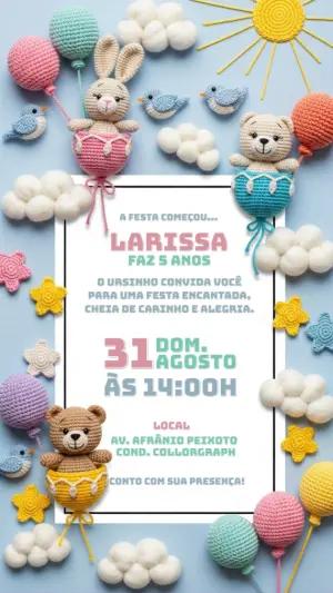 Convite de Aniversário Amigurumi Ursinho para Editar Online