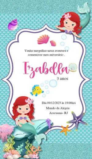 Convite Aniversário Pequena Sereia Ariel para Editar Online