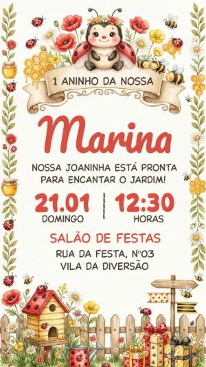 Convite de Aniversário Joaninha no Jardim Aquarela Editável