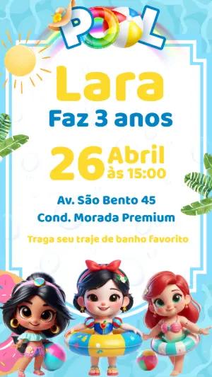 Convite Aniversário Princesas Disney Pool Party para Editar Online