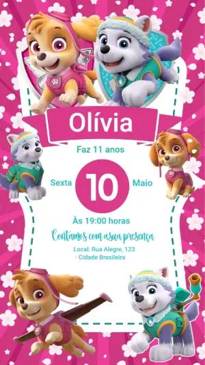 Convite de Aniversário Patrulha Canina Meninas Rosa Editável