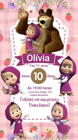 Convite de Aniversário Masha e o Urso Rosa para Editar