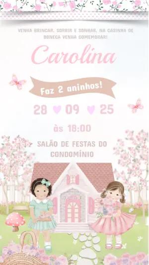 Convite Digital Casinha de Boneca Aquarela para Editar