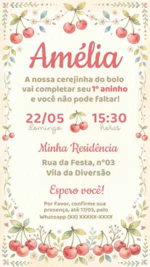 Convite de Aniversário Cerejinha Aquarela para Editar