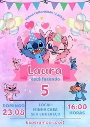 Convite Aniversário Stitch e Angel para Editar Online