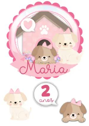 Topo de Bolo Aniversário Cachorrinhas Rosa Editável para Imprimir