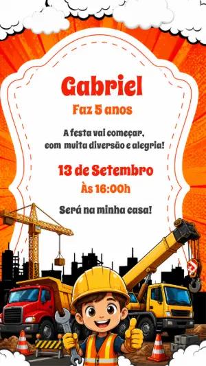 Convite de Aniversário Construção: Modelo Digital para Editar