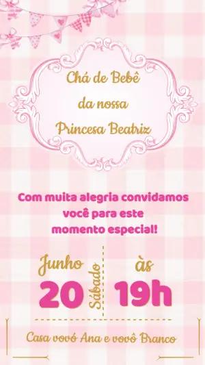 Convite Chá de Bebê Princesa Xadrez Rosa para Editar