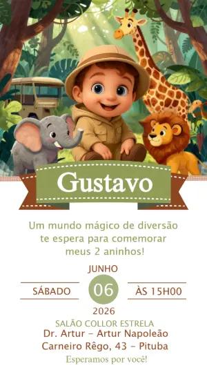 Convite de Aniversário Infantil Safari Aventura Editável