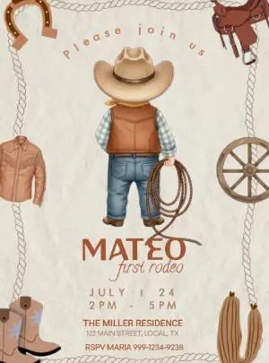 Cowboy First Rodeo Birthday Invitation Editable Template