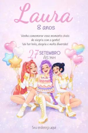 Convite de Aniversário K-pop Guerreiras Editável