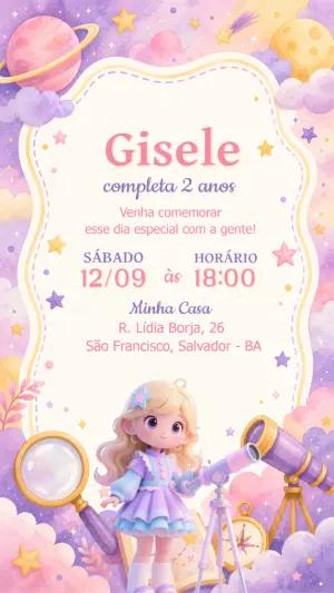 Convite Aniversário Astronauta Menina Editável