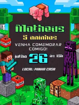 Convite Digital Minecraft: Modelo Editável de Aniversário Infantil
