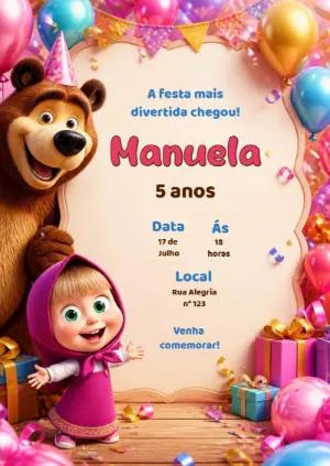 Convite de Aniversário Masha e o Urso: Modelo Digital Editável