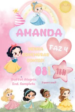 Convite Aniversário Princesas Disney Aquarela para Editar