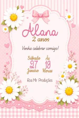 Convite Aniversário Infantil Margaridas Rosa e Branco Editável
