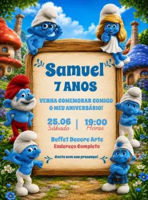 Convite de Aniversário Os Smurfs Azul para Editar