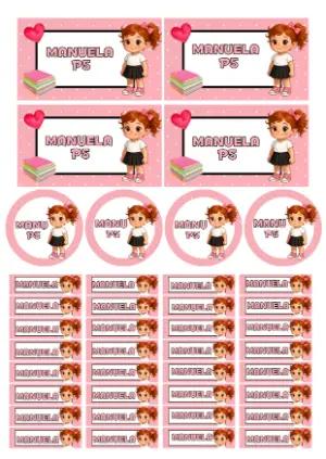 Kit Etiqueta Escolar Menina Ruiva Rosa para Editar e Imprimir