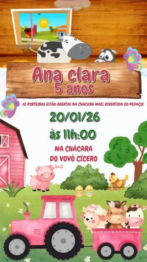 Convite Animado Aniversário Fazendinha Rosa para Editar