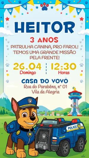 Convite de Aniversário Patrulha Canina Chase Editável