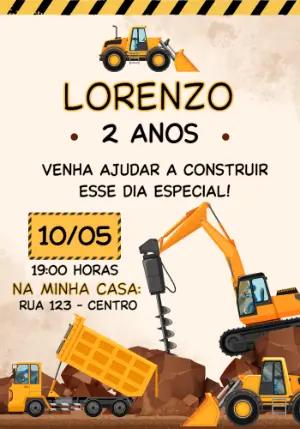 Convite de Aniversário Trator Construção Editável