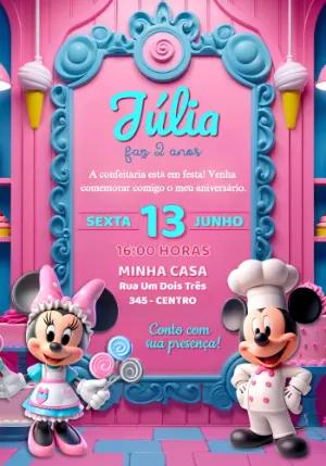 Convite Aniversário Mickey e Minnie Confeitaria Rosa Editável