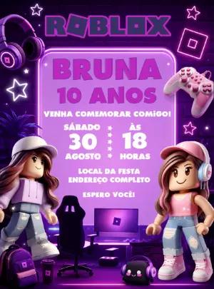 Convite de Aniversário Roblox Rosa Gamer para Editar