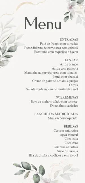 Menu Casamento Folhagem Delicada para Editar e Imprimir