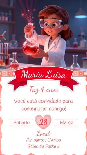 Convite de Aniversário Cientista Menina Editável