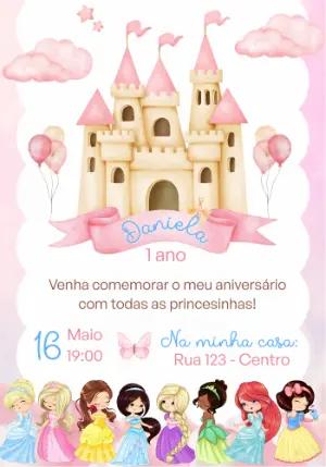 Convite Aniversário Princesas Disney Aquarela Rosa para Editar